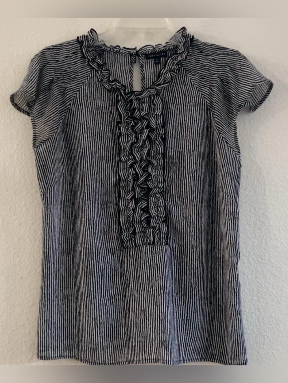 The Limited Black and White Striped Ruffle-Front Short Sleeve Top